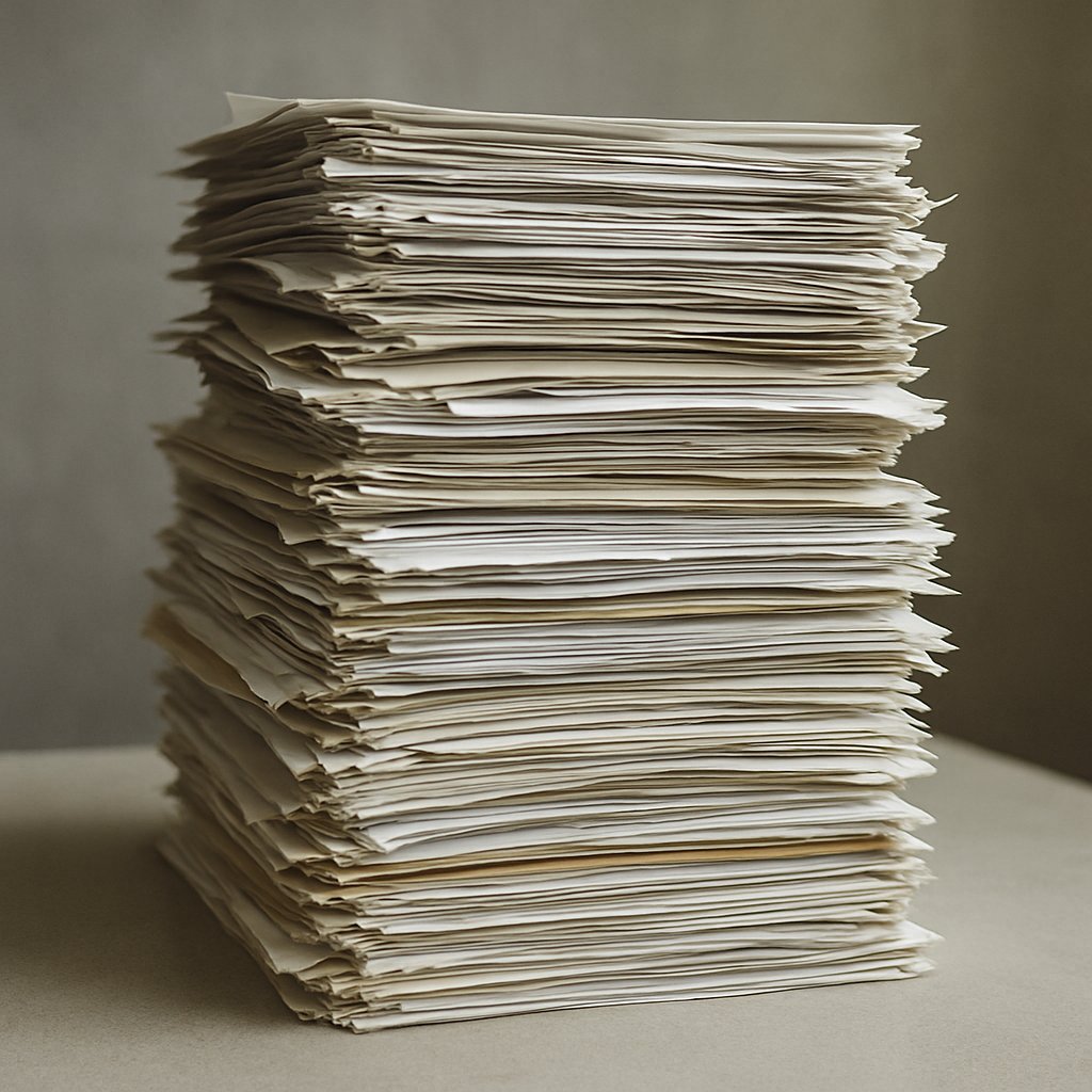Stapel documenten op een bureau als metafoor voor ongeorganiseerde documentatie